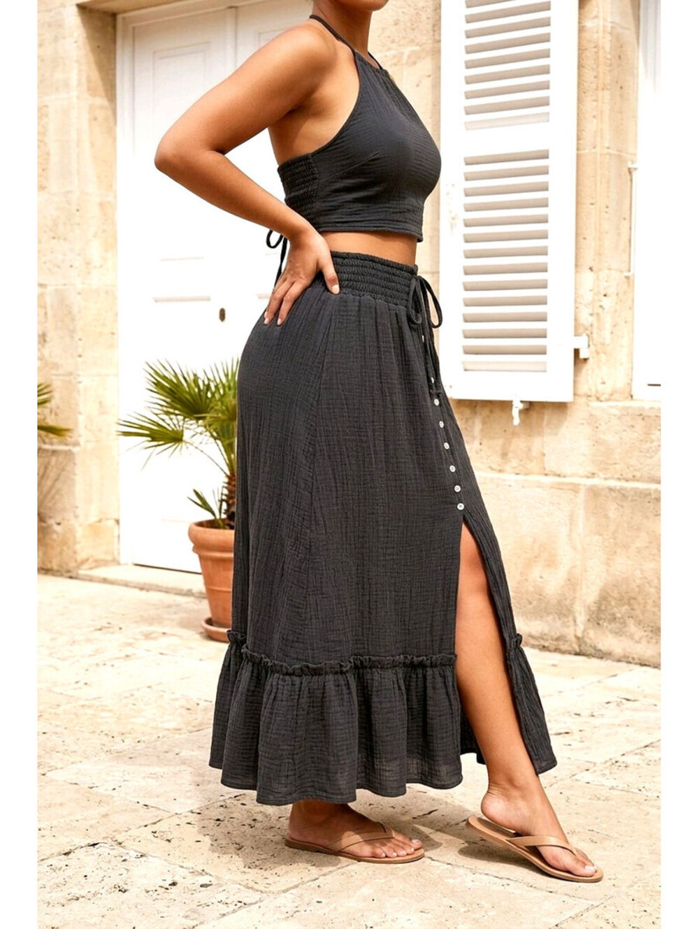 Blu Pepper Black Cotton Gauze Button Front Maxi Skirt sz Small